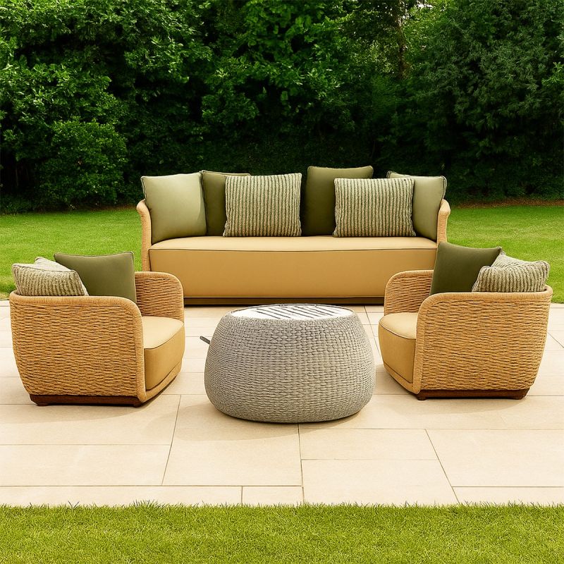 Set mobilier,fotolii, canapea 2 locuri, masa terasa gradina, aluminiu, impletitura funie, sezut crem, perne verzi masliniu,NIKO