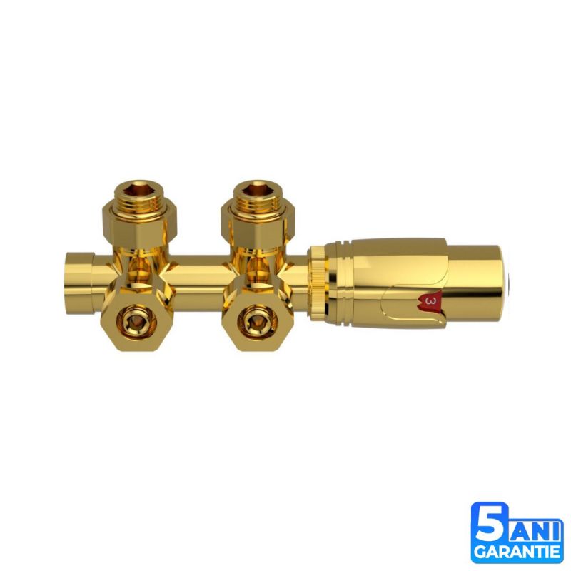 Set robinet, cap termostatic cu ventil, alama, 5 trepte reglabile, tur-retur, Auriu Lucios