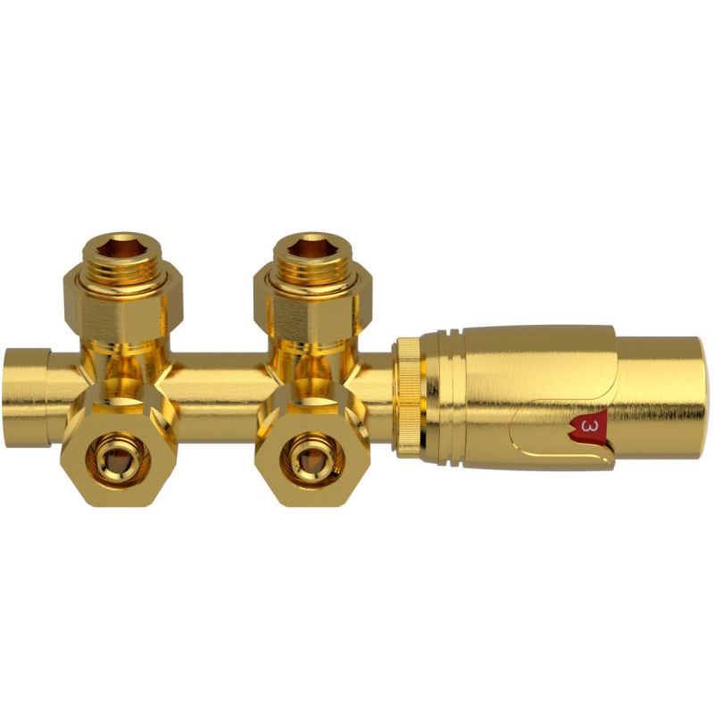 Set robinet, cap termostatic cu ventil, alama, 5 trepte reglabile, tur-retur, Auriu Mat