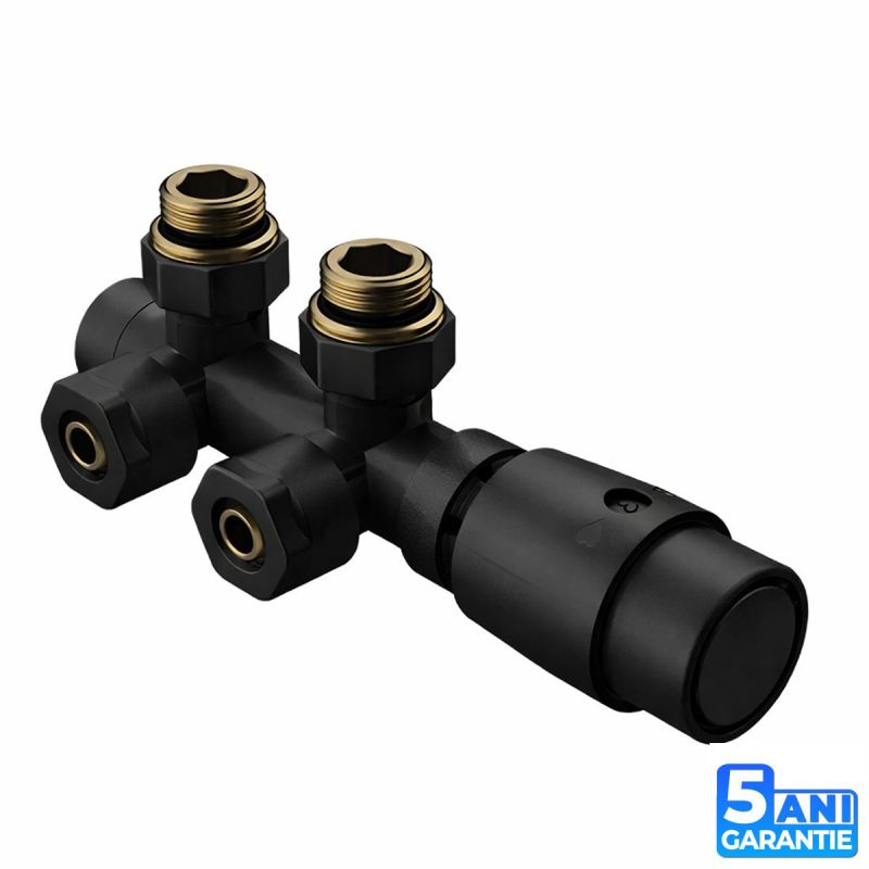 Set robinet, cap termostatic cu ventil, alama, 5 trepte reglabile, tur-retur, Negru Mat