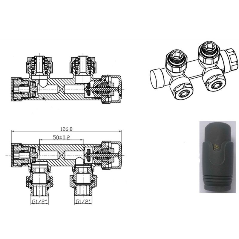 Set robinet, cap termostatic cu ventil, alama, 5 trepte reglabile, tur-retur