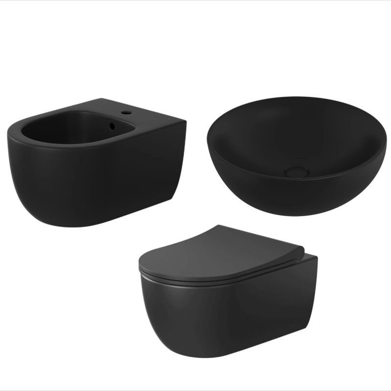 Set Vas Wc + Bideu + Lavoar Michael Negru, Semi-Mat