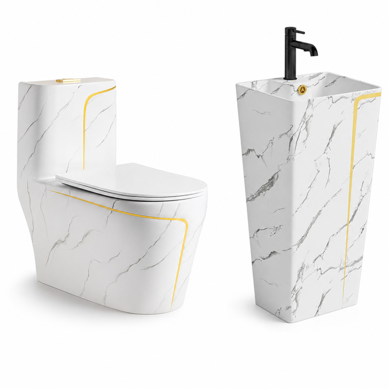 Set vas WC, lavoar stativ Lazio Marble Rimless, Alb, montaj pe podea, rezervor inclus, gaura de baterie, capac soft-close