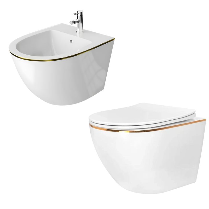 Set vas wc si bideu Ben, Gold Line, 49x37 cm montaj suspendat, capac duroplast, ceramica sanitara