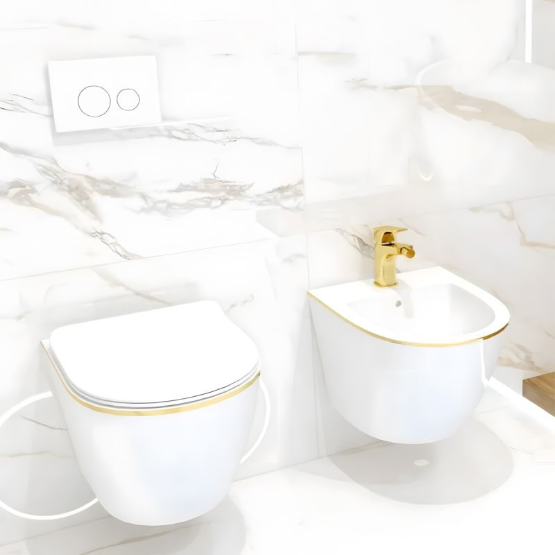 Set vas wc si bideu Ben, Gold Line, 49x37 cm montaj suspendat, capac duroplast, ceramica sanitara