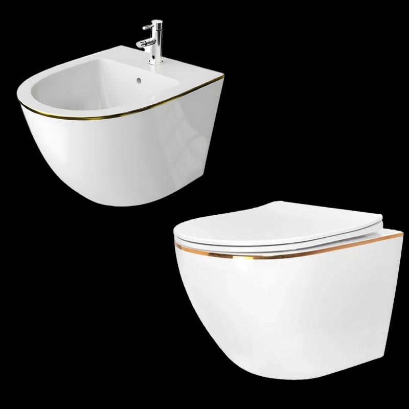 Set vas wc si bideu Ben, Gold Line, 49x37 cm montaj suspendat, capac duroplast, ceramica sanitara