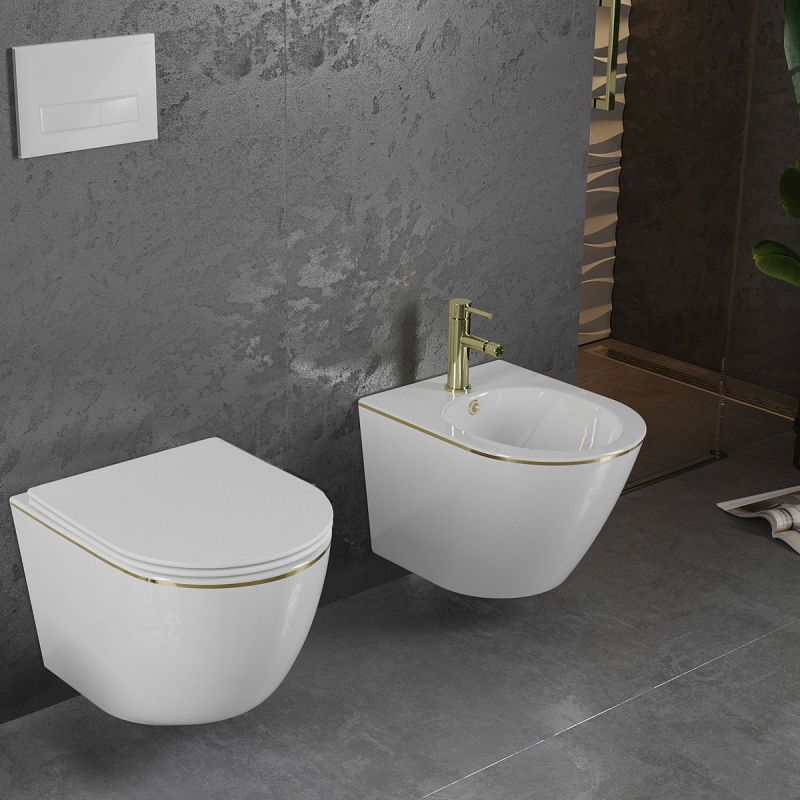 Set vas wc si bideu Ben, Gold Line, 49x37 cm montaj suspendat, capac duroplast, ceramica sanitara