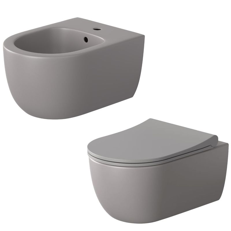 Set vas wc si bideu, Gri, semi-mat, Power Color, montaj suspendat, 49x36 cm, colectia Michael