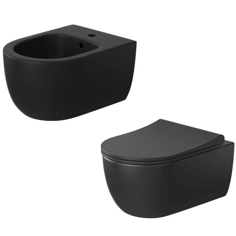 Set vas wc si bideu, Negru, semi-mat, Power Color, montaj suspendat, 49x36 cm, colectia Molis
