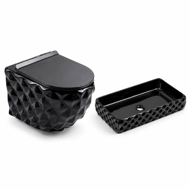 Set vas wc si lavoar, Negru Lucios, montaj suspendat si pe blat, 49x36-61x34 cm, capac duroplast, Sidef