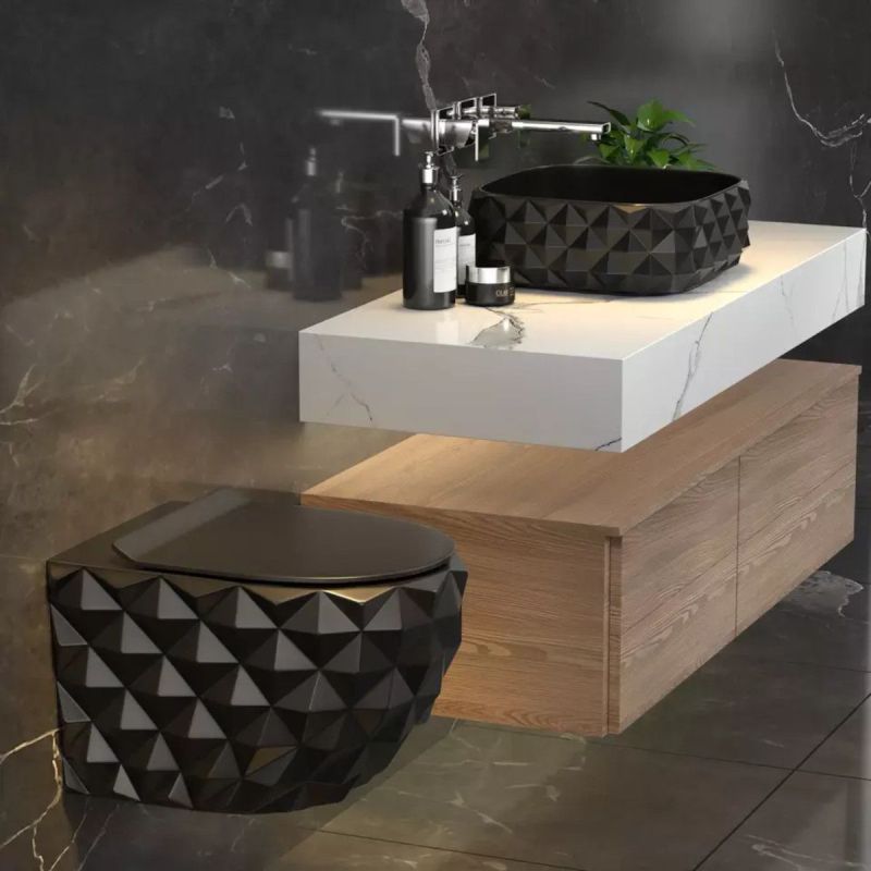 Set vas wc si lavoar, Negru Lucios, montaj suspendat si pe blat, 49x36-61x34 cm, capac duroplast, Sidef