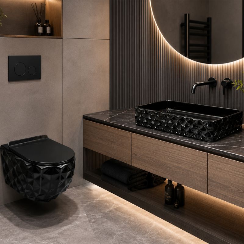 Set vas wc si lavoar, Negru Lucios, montaj suspendat si pe blat, 49x36-61x34 cm, capac duroplast, Sidef