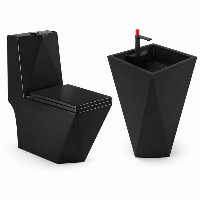 Set vas WC si lavoar stativ Enrico, Negru Mat, Power Colour, montaj pe podea, capac soft-close inclus, ceramica sanitara