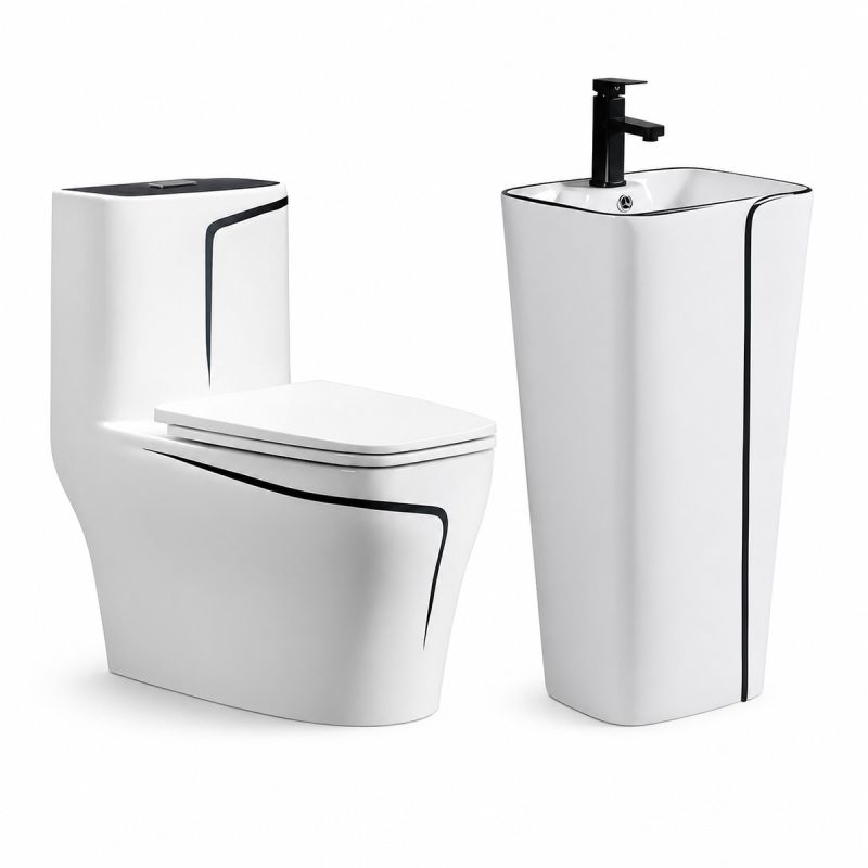 Set vas WC si lavoar stativ Lazio, Alb, ceramica sanitara, montaj pe podea, rezervor inclus, gaura de baterie, capac soft-close