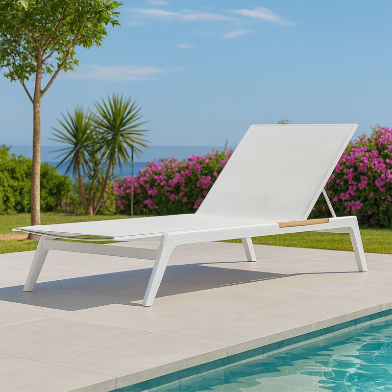 Sezlong de plaja, terasa, gradina, aluminiu, tec, inaltime reglabila, 2 roti integrate, 203x70x35, tesatura Texlin Alb, Horizon