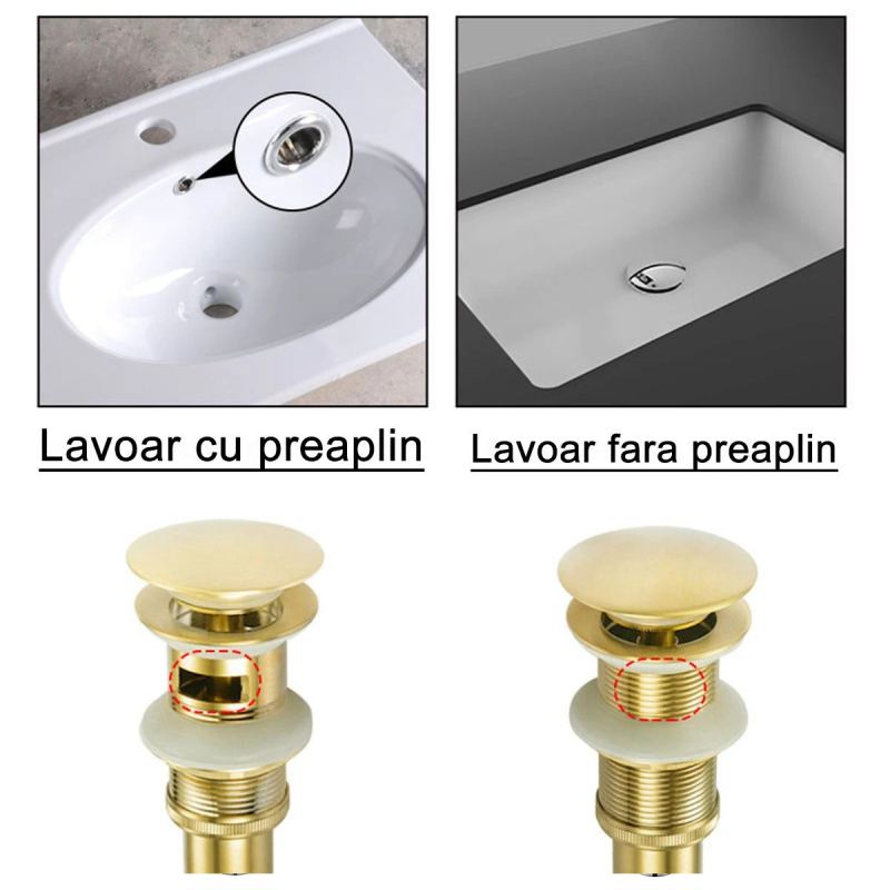 Sifon de scurgere cu ventil,  sistem Pop-up, Auriu, cu sau fara preaplin, etansare din silicon, Zaro