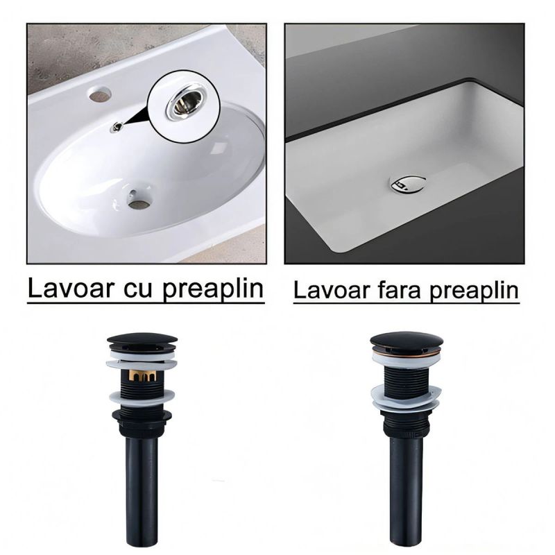 Sifon de scurgere cu ventil, sistem Pop-up, Negru Mat, cu sau fara preaplin, etansare din silicon, Zaro