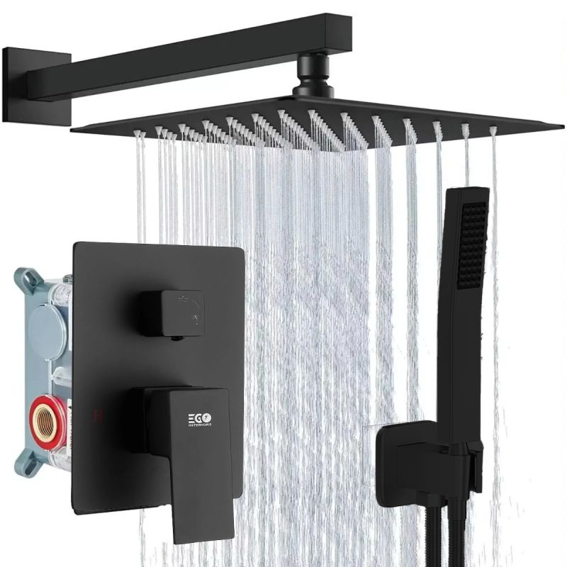Sistem de dus, baterie incastrata, 2 functii, dus tip ploaie, Negru Mat, Venice