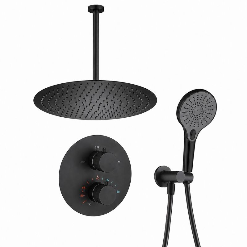 Sistem de dus, baterie incastrata cu termostat, 2 functii, montaj din tavan,  dus tip ploaie, Negru Mat, Apolo