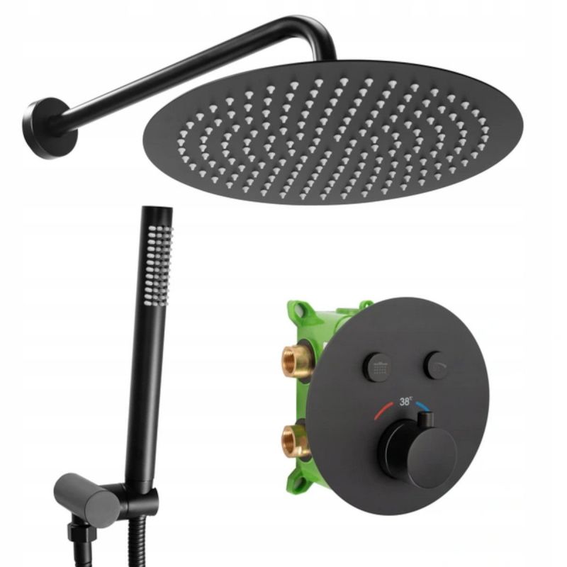 Sistem de dus cu termostat REA-MILER, Negru Mat, incastrat, baterie ascunsa, ploaie de dus 30 x 30 cm
