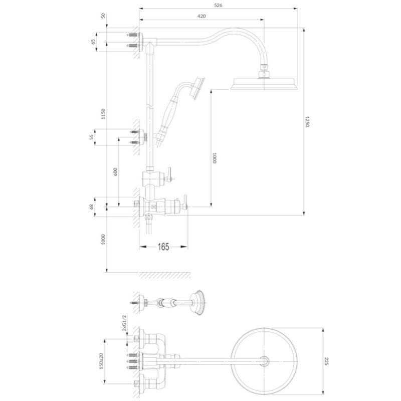 Sistem de dus OMNIRES ARMANCE VINTAGE, finisaj PVD, Auriu, duze silicon Easy Clean, montaj pe perete