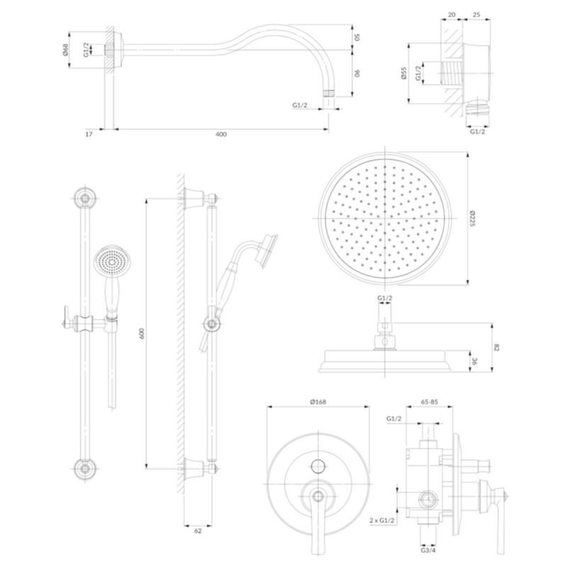 Sistem de dus OMNIRES ARMANCE VINTAGE, finisaj PVD, Auriu, sistem glisant para dus, duze silicon Easy Clean, montaj incastrat