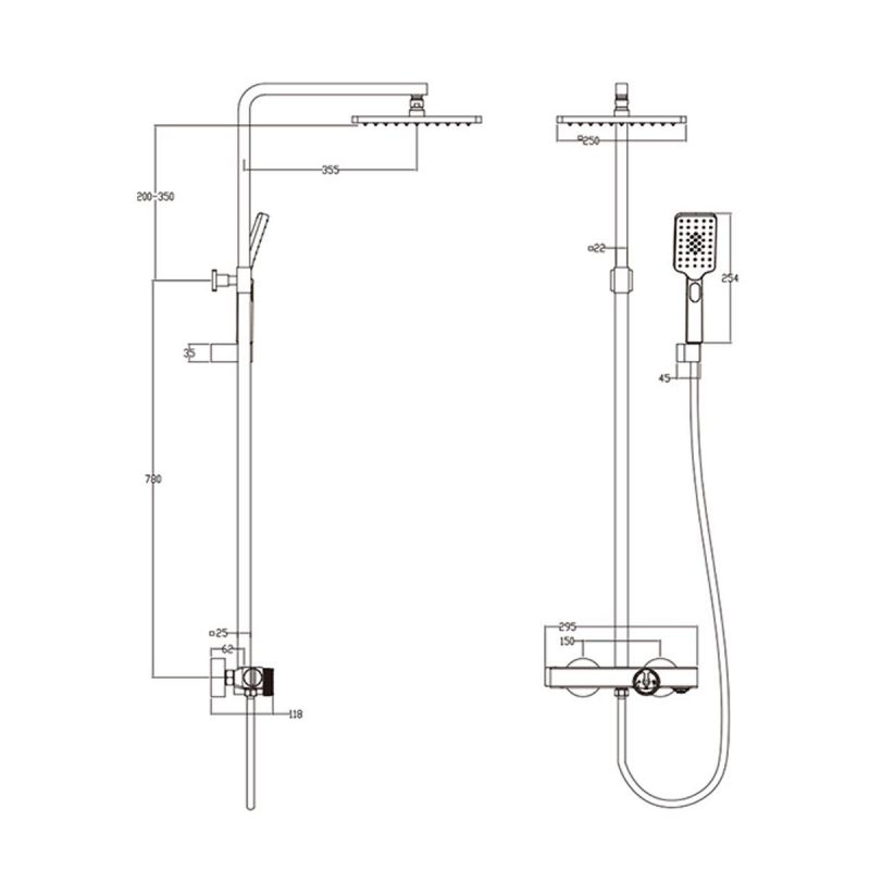 Sistem de dus si cada cu termostat, Dexter, Auriu  Periat, dus tip ploaie 25x25, dus de mana, montaj pe perete