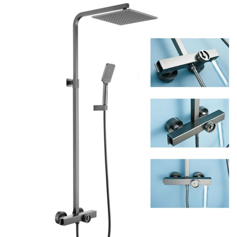 Sistem de dus si cada cu termostat, Dexter, Gri gun periat, dus tip ploaie 25x25, dus de mana, montaj pe perete
