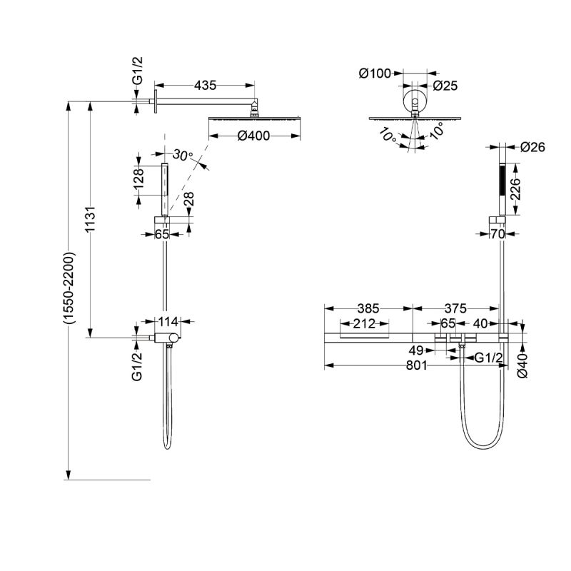 Sistem de dus si cada cu termostat Vernet, Negru Mat, 3 functii, montaj incastrat, Elio