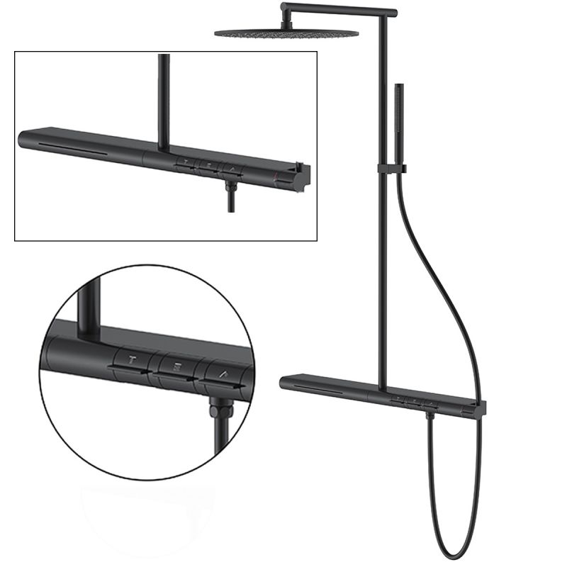 Sistem de dus si cada cu termostat Vernet, Negru Mat, 3 functii, montaj pe perete, Elio