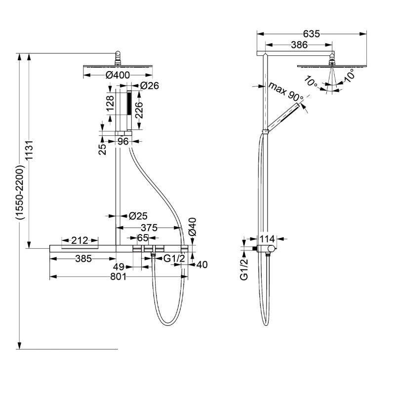 Sistem de dus si cada cu termostat Vernet, Negru Mat, 3 functii, montaj pe perete, Elio