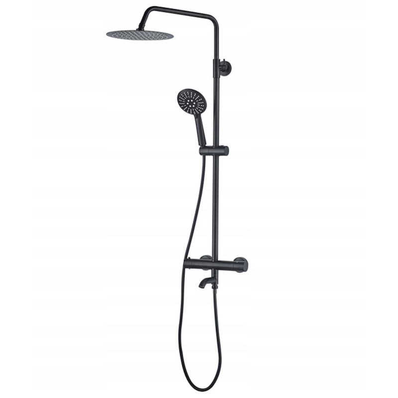 Sistem dus cu termostat REA-Lungo Black, dus tip ploaie 25x25 cm, montaj pe perete, dus de mana, finisaj Negru Mat