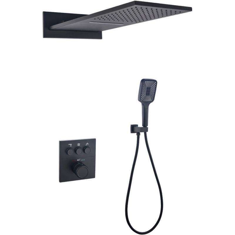 Sistem dus, dus tip ploaie si cascada cu montaj pe perete, baterie incastrata cu termostat, Negru, Gitano