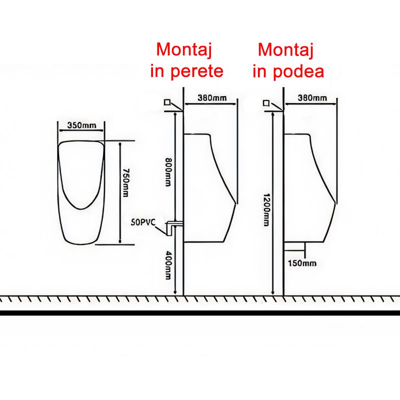 Urinal cu senzor integrat, scurgere in perete sau in podea, 35x38x75 cm, Negru Mat, Lavino