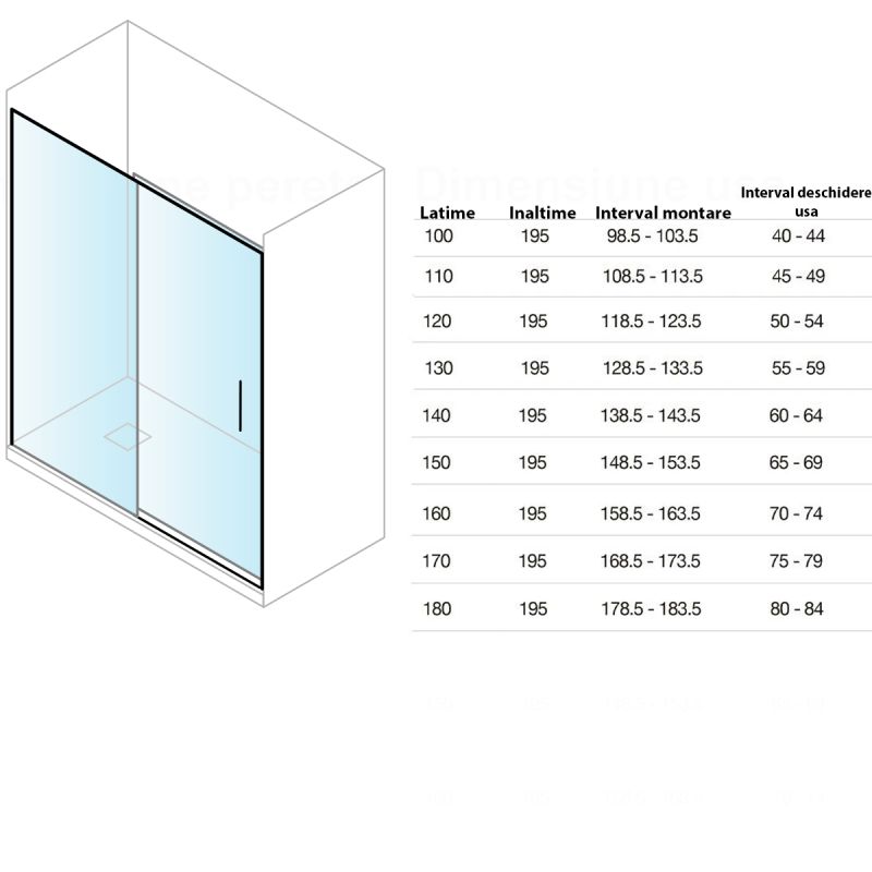 Usa de dus, glisanta, transparenta, sticla securizata de 6 mm, dimensiuni intre 100-180 cm, profil Auriu Mat, Hanes