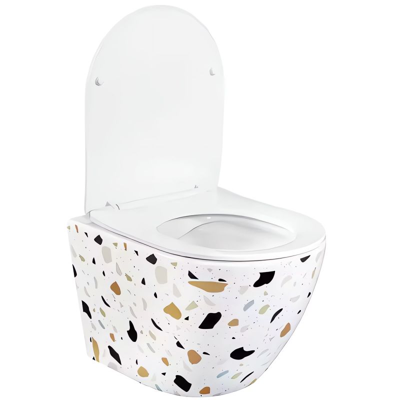Vas Wc, Alb Terazzo, Rimless, 48x37 cm, montaj suspendat, capac Duroplast slim, ceramica sanitara, Ben