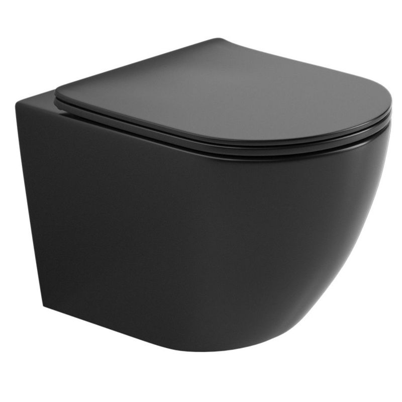 Vas Wc Ben, Negru Lucios, Rimless, 49x37 cm, montaj suspendat, capac Duroplast, ceramica sanitara