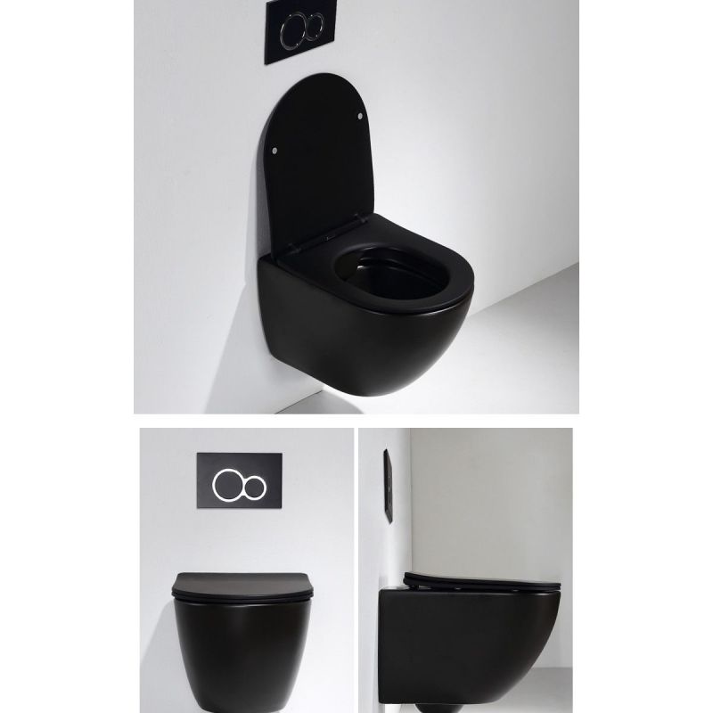 Vas Wc Ben, Negru Lucios, Rimless, 49x37 cm, montaj suspendat, capac Duroplast, ceramica sanitara
