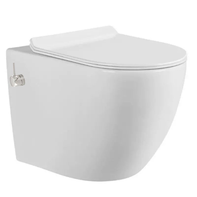 Vas wc cu functie de bideu, Rimless, Taharet, baterie apa calda/rece, Alb, montaj suspendat, capac Soft-Close, 55x36 cm,  Angi