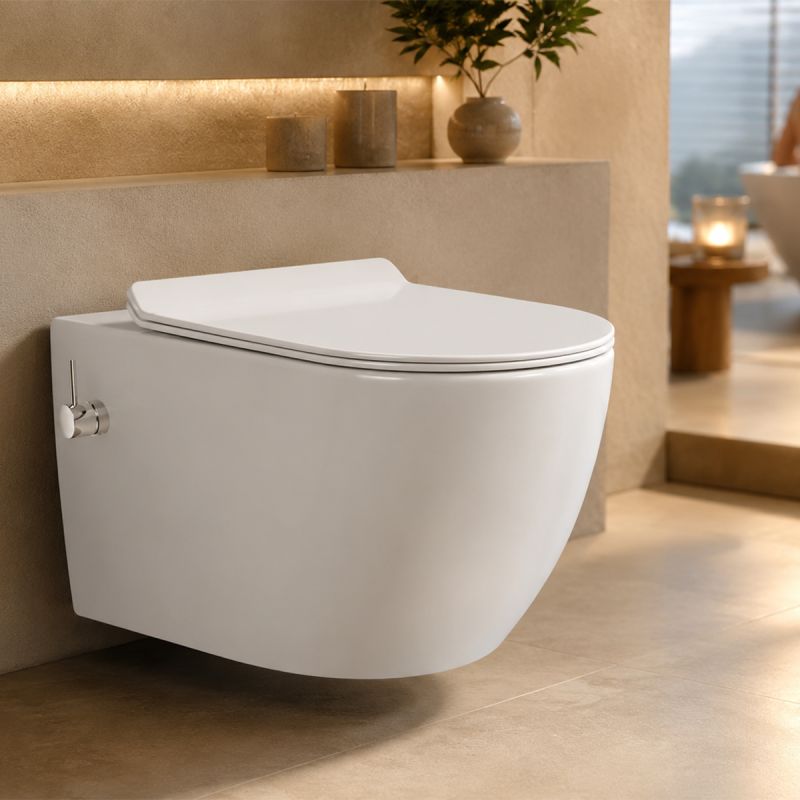 Vas wc cu functie de bideu, Rimless, Taharet, baterie apa calda/rece, Alb, montaj suspendat, capac Soft-Close, 55x36 cm,  Angi
