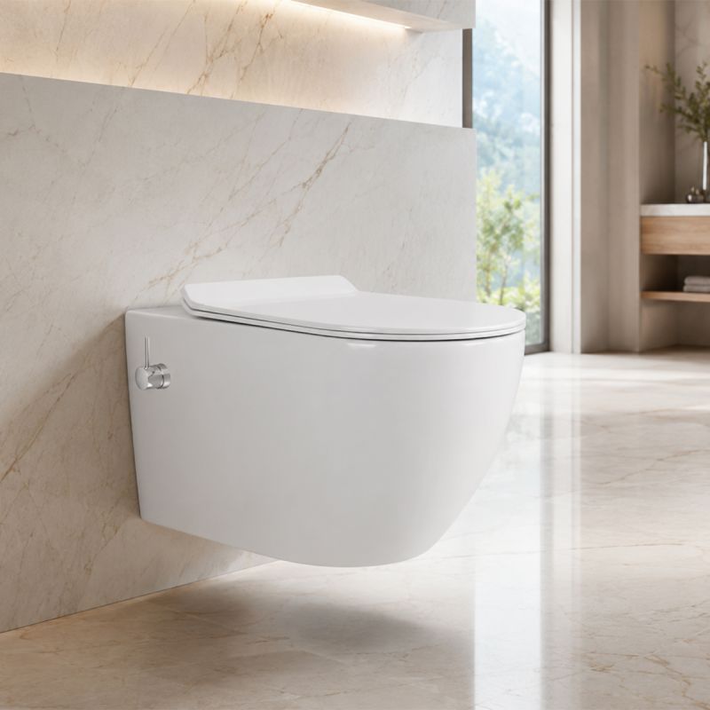 Vas wc cu functie de bideu, Rimless, Taharet, baterie apa calda/rece, Alb, montaj suspendat, capac Soft-Close, 55x36 cm,  Angi