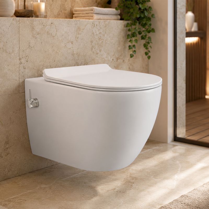 Vas wc cu functie de bideu, Rimless, Taharet, baterie apa calda/rece, Alb, montaj suspendat, capac Soft-Close, 55x36 cm,  Angi