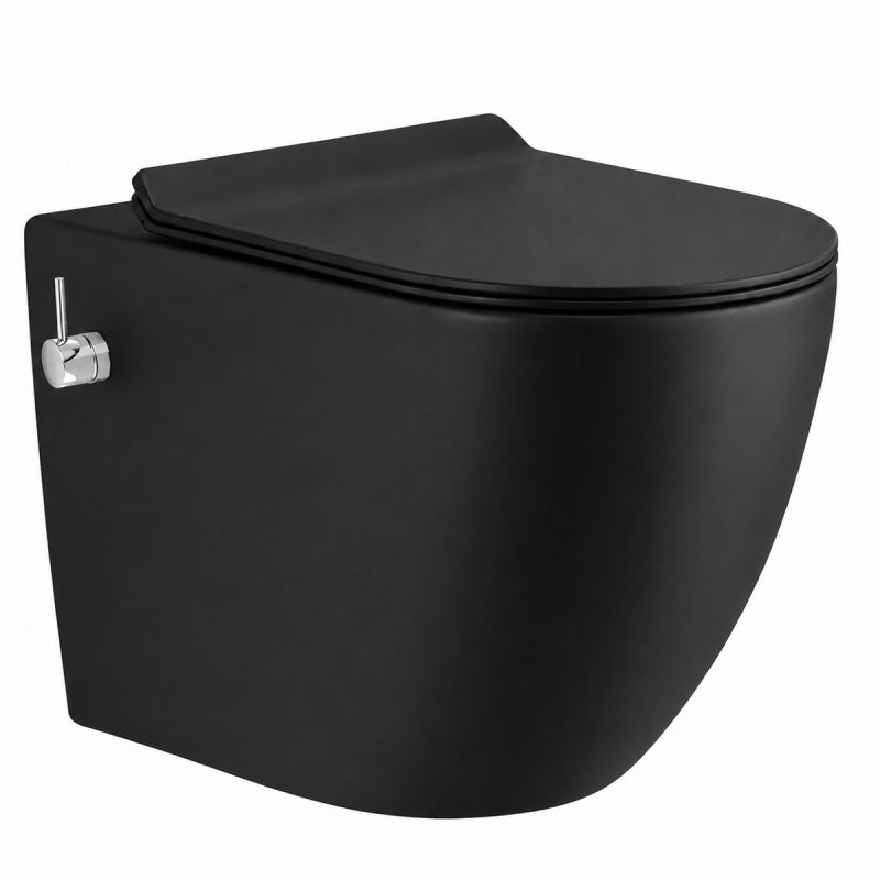 Vas wc cu functie bideu, Taharet, baterie apa calda/rece, Negru Mat, montaj suspendat, capac Soft-Close, 56 x 36 cm,  Angi