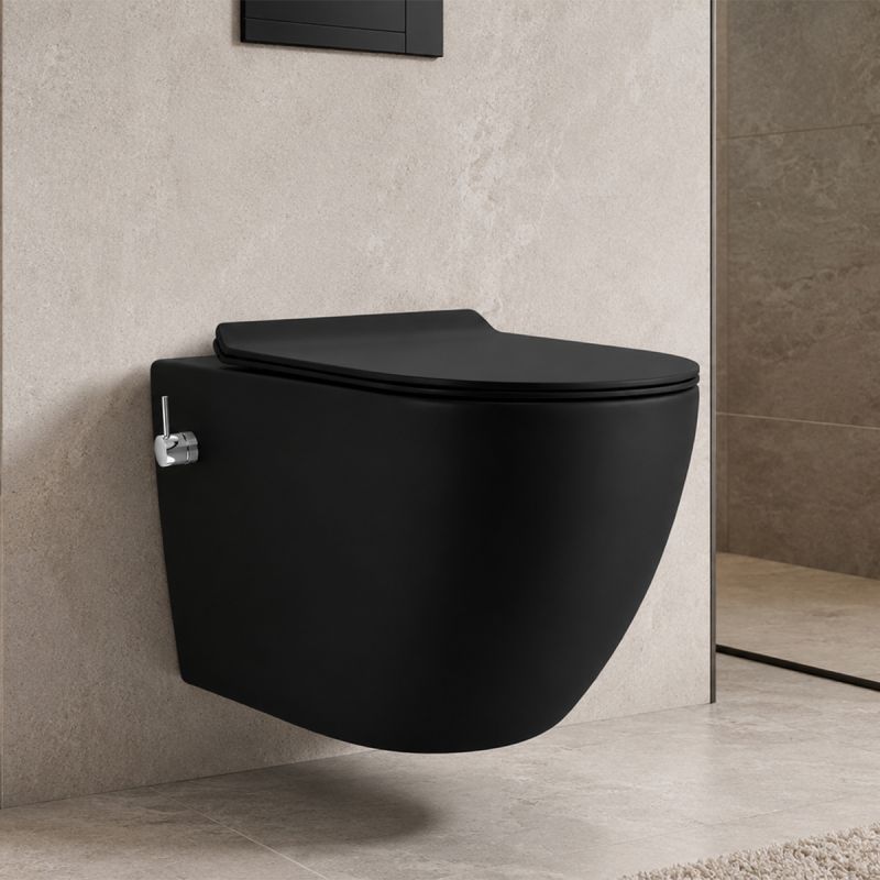 Vas wc cu functie bideu, Taharet, baterie apa calda/rece, Negru Mat, montaj suspendat, capac Soft-Close, 56 x 36 cm,  Angi