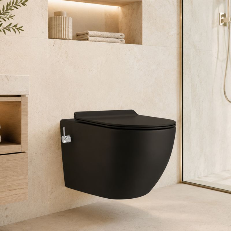 Vas wc cu functie bideu, Taharet, baterie apa calda/rece, Negru Mat, montaj suspendat, capac Soft-Close, 56 x 36 cm,  Angi