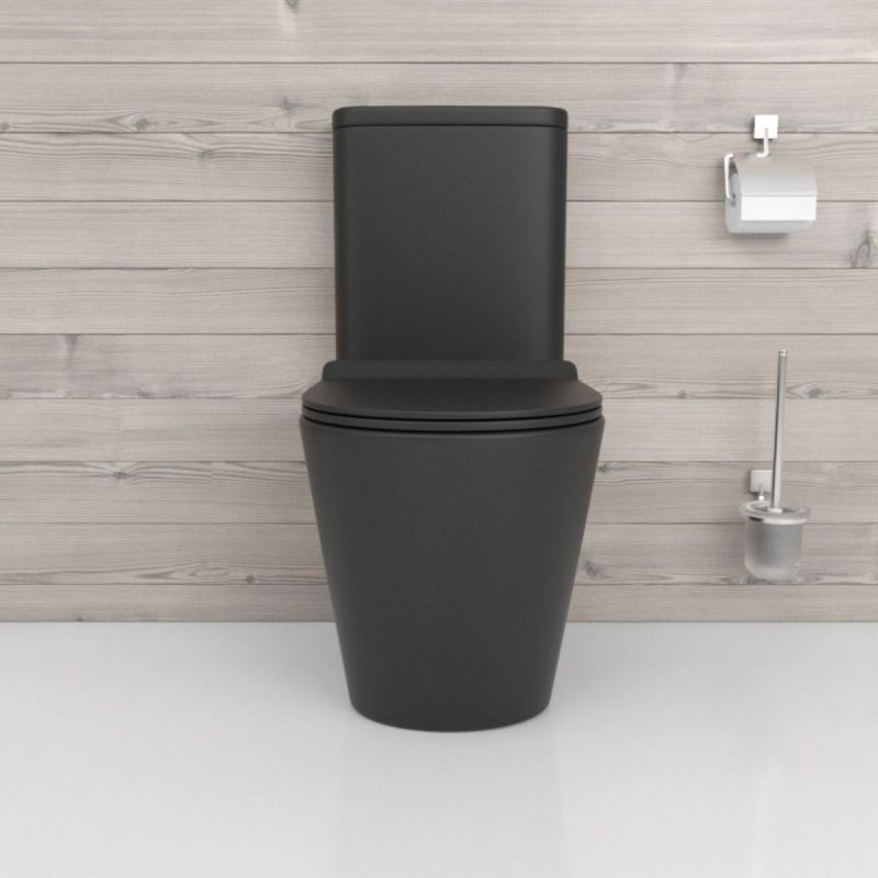 Vas WC EGO Dario Rimless, rezervor inclus, 2 piese, Negru mat, Power Colour, montaj podea, capac duroplast slim soft-close