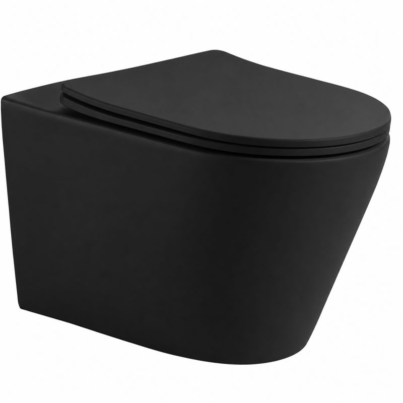 Vas WC EGO Galo Rimless, Negru mat, 53x36 cm, montaj suspendat, capac duroplast slim soft-close inclus