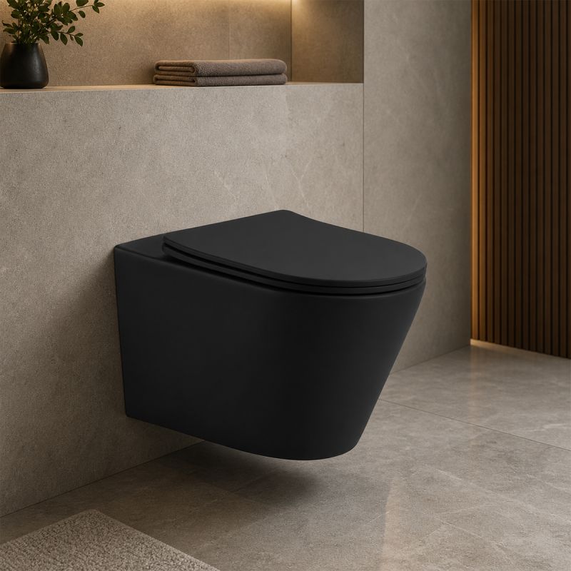 Vas WC EGO Galo Rimless, Negru mat, 53x36 cm, montaj suspendat, capac duroplast slim soft-close inclus