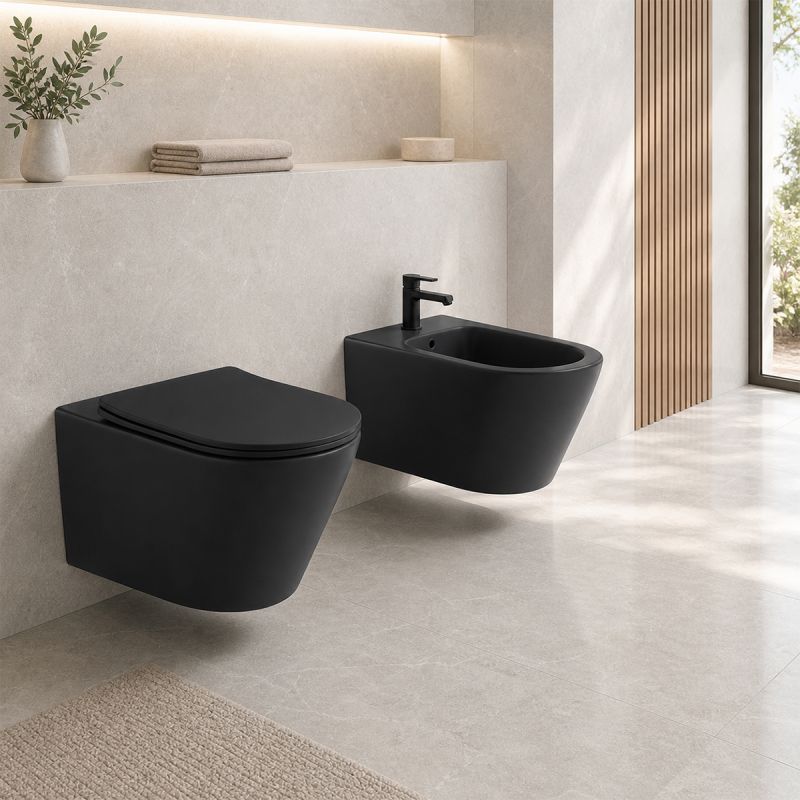 Vas WC EGO Galo Rimless, Negru mat, 53x36 cm, montaj suspendat, capac duroplast slim soft-close inclus