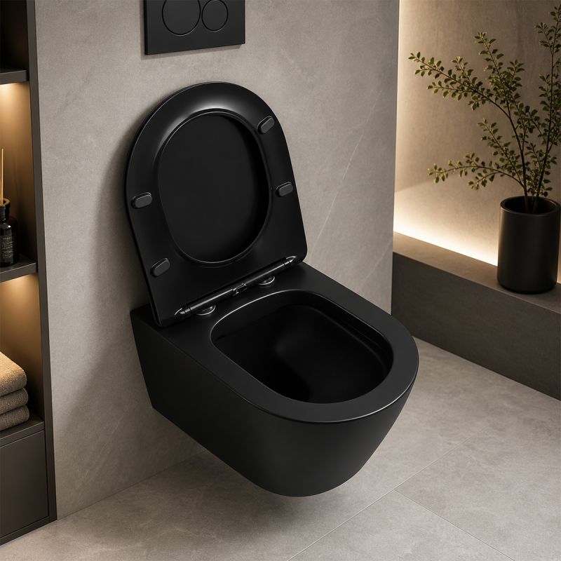 Vas WC EGO Galo Rimless, Negru mat, 53x36 cm, montaj suspendat, capac duroplast slim soft-close inclus